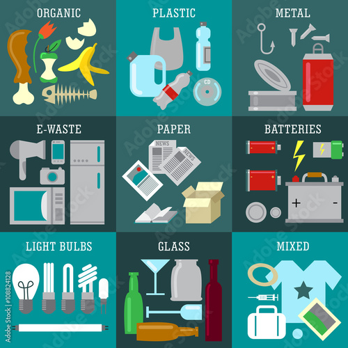 Waste types segregation recycling vector illustration. Organic, plastic, metal, electronic waste, paper, batteries, light bulbs, glass, and mixed waste. Vector illustration