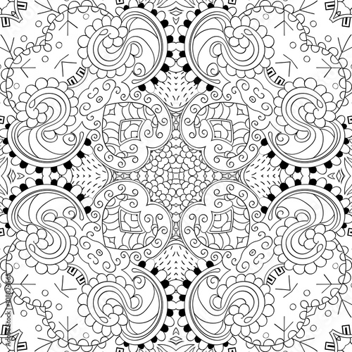 Tracery binary monochrome pattern. Mehendi carpet design. Neat even harmonious calming doodle texture. Also seamless. Indifferent discreet. Ambitious bracing usable, curved doodling mehndi. Vector.