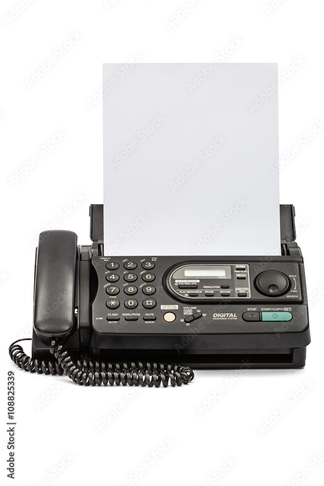 Fax machine with document, isolated on white background