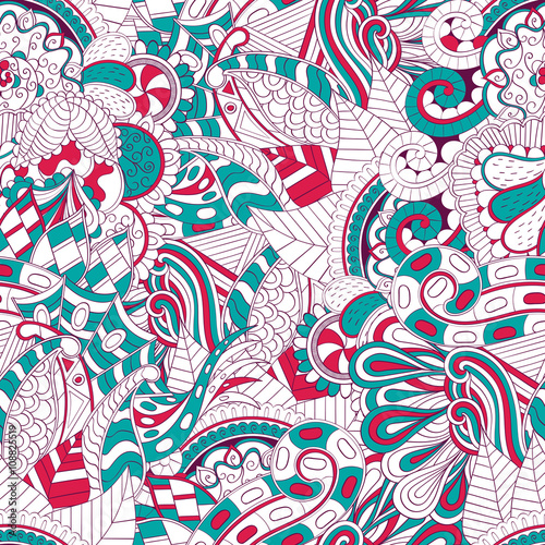 Tracery seamless, loops, doodle wind pattern. Paisley, winding stem, spiral, wave, bud mehndi design. Handmade texture, curved doodling design. Good for site background, textile, printing. Vector.