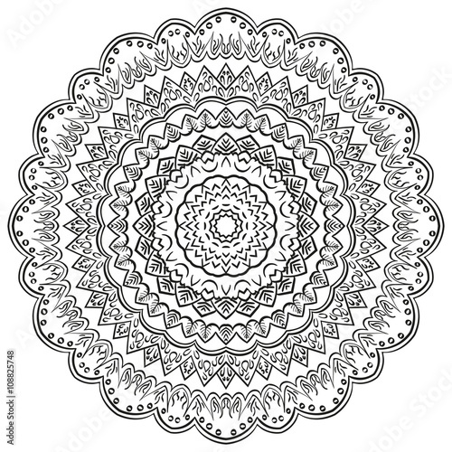 Mehndi mandala tracery wheel design. Handmade natural mood texture. Paisley, winding stem, bud mehendi doodle. Curved lines, doodling design. Good for plates, dish, tableware. Vector.