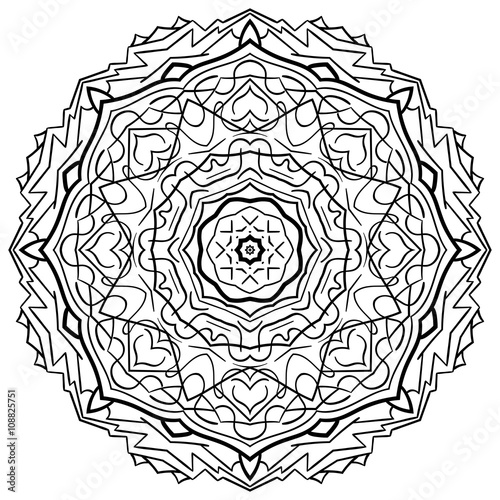 Mehndi mandala tracery wheel design. Handmade natural mood texture. Paisley, winding stem, bud mehendi doodle. Curved lines, doodling design. Good for plates, dish, tableware. Vector.