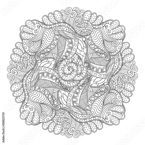 Mehndi mandala tracery wheel design. Handmade natural mood texture. Paisley, winding stem, bud mehendi doodle. Curved lines, doodling design. Good for plates, dish, tableware. Vector.