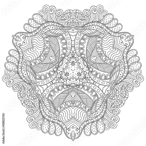 Mehndi mandala tracery wheel design. Handmade natural mood texture. Paisley, winding stem, bud mehendi doodle. Curved lines, doodling design. Good for plates, dish, tableware. Vector.