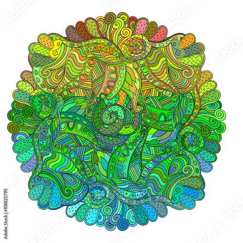 Mehndi mandala tracery wheel design. Handmade natural mood texture. Paisley, winding stem, bud mehendi doodle. Curved lines, doodling design. Good for plates, dish, tableware. Vector.