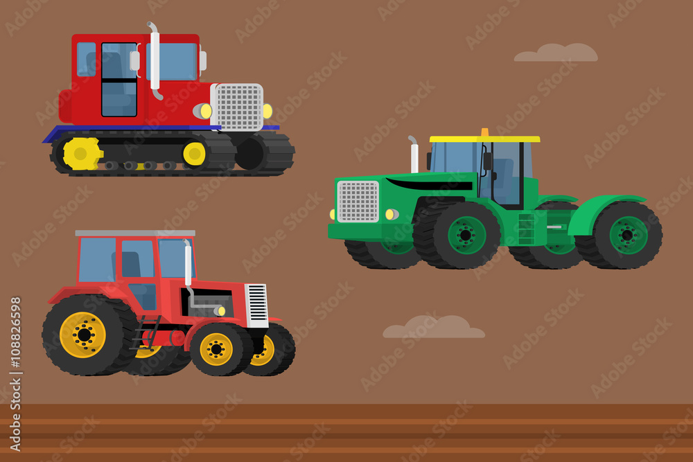 Vector set of caterpillar tractor and wheeled farm tractors. Vector set of caterpillar tractor and wheeled farm tractors.
