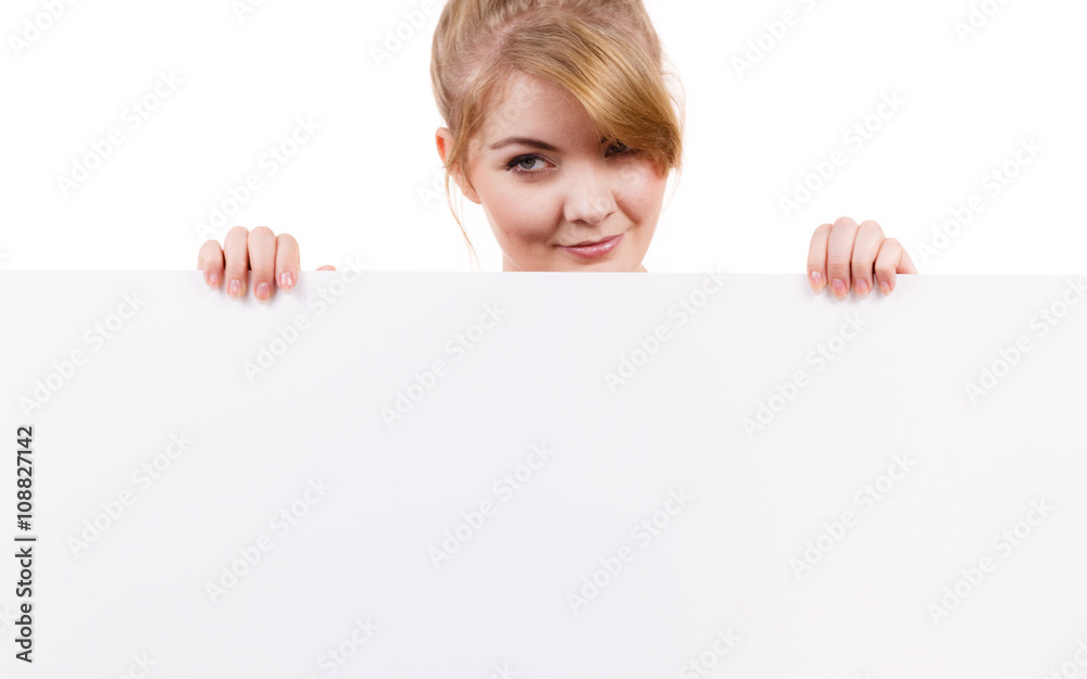 Woman with blank presentation board banner sign Woman with blank presentation board banner sign