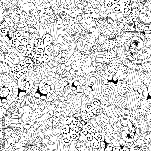 Tracery binary monochrome pattern. Mehendi carpet design. Neat even harmonious calming doodle texture. Also seamless. Indifferent discreet. Ambitious bracing usable, curved doodling mehndi. Vector.