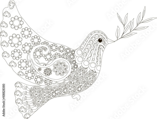 Zentangle stylized dove of peace  black and white hand drawn, vector illustration