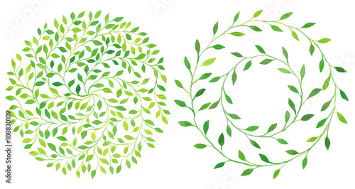 Watercolor circle laurel leaves emblem, wreath of leaves set.