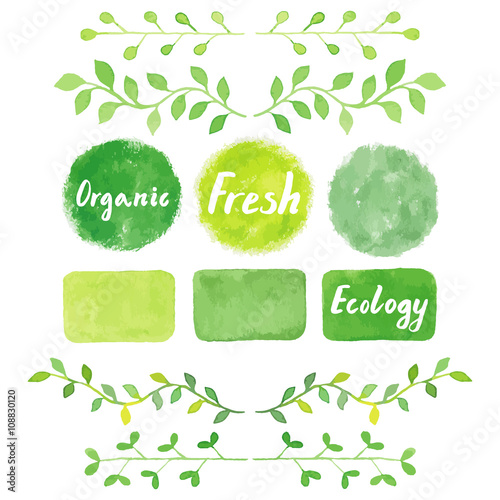 Watercolor green logos and laurel leaves set.