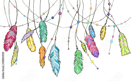 Hand drawn sketch feathers of dream catcher.