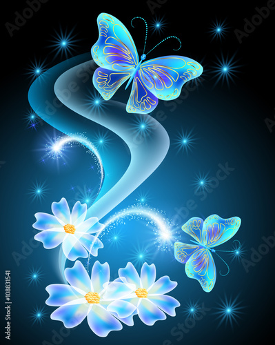 Fototapeta Neon butterflies with flowers with and stars