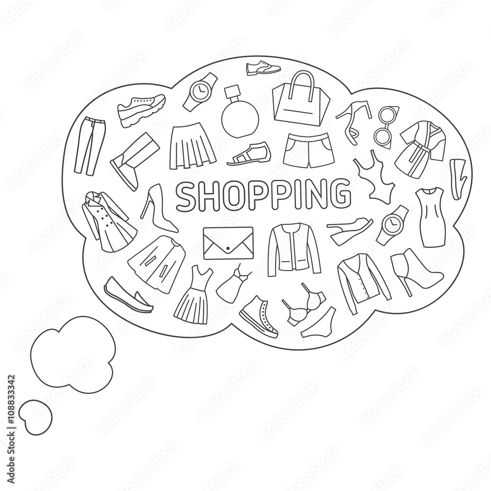 Thoughts about shopping. Thought bubbles about shopping, clothes, shoes, accessories. Line icons on a white background Thoughts about shopping. Thought bubbles about shopping, clothes, shoes, accessories. Line icons on a white background