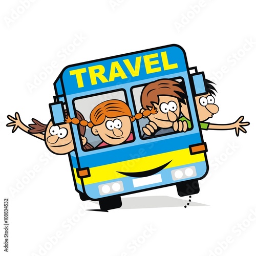 blue bus and children, vector icon