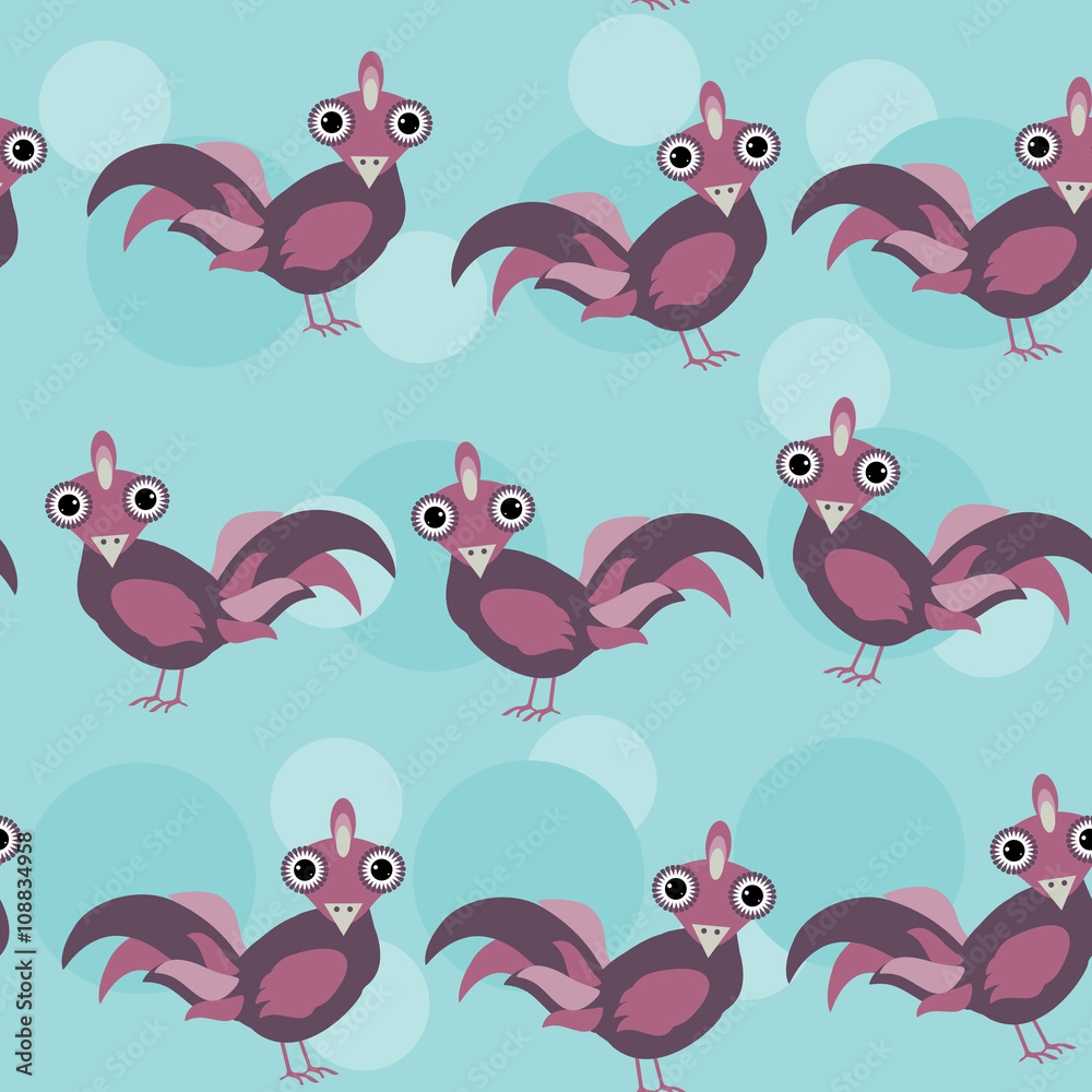 Funny lilac rooster on a blue background seamless pattern. vector Funny lilac rooster on a blue background seamless pattern. vector