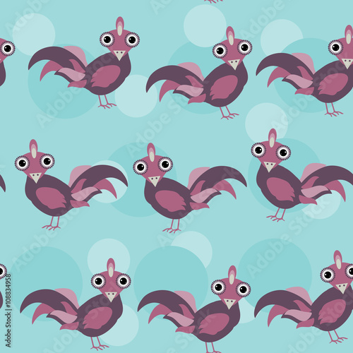 Funny lilac rooster on a blue background seamless pattern. vector
