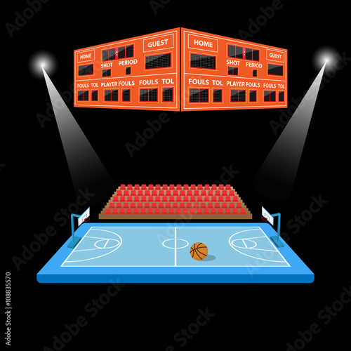 basketball arena with scoreboard in black background
