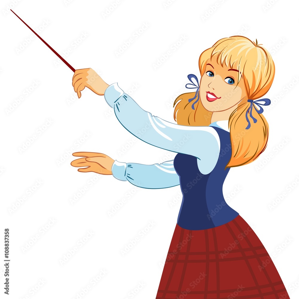 Young beautiful woman with a pointer. Teacher, student. Vector image on white background. Use for recording lectures, classes and workshops. Young beautiful woman with a pointer. Teacher, student. Vector image on white background. Use for recording lectures, classes and workshops.