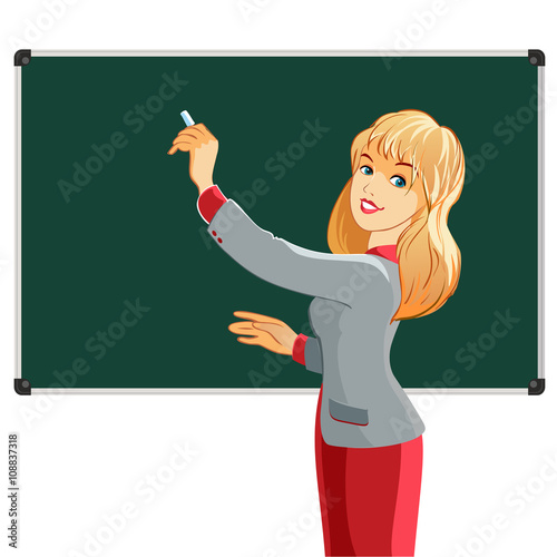 Young beautiful woman with a pointer. Teacher, student. Vector image on white background. Use for recording lectures, classes and workshops. photo