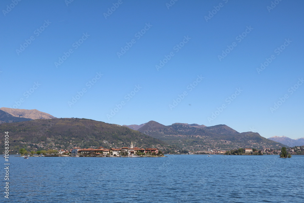 Lago Maggiore and the Borromean islands under a blue sky, Piedmont Italy