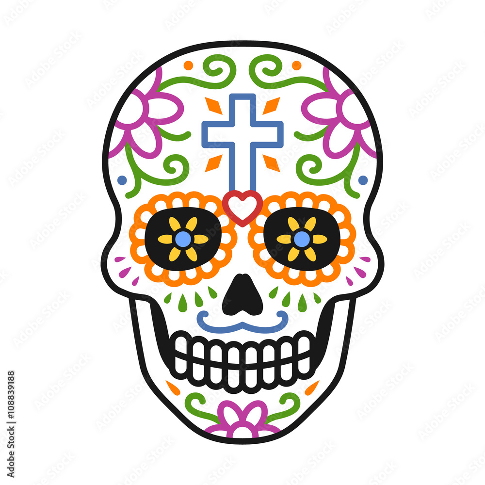 Decorated skull / calavera celebrating Day of the Dead line colorful art  icon / illustration Stock Vector | Adobe Stock