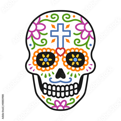 Decorated skull / calavera celebrating Day of the Dead line colorful art icon / illustration