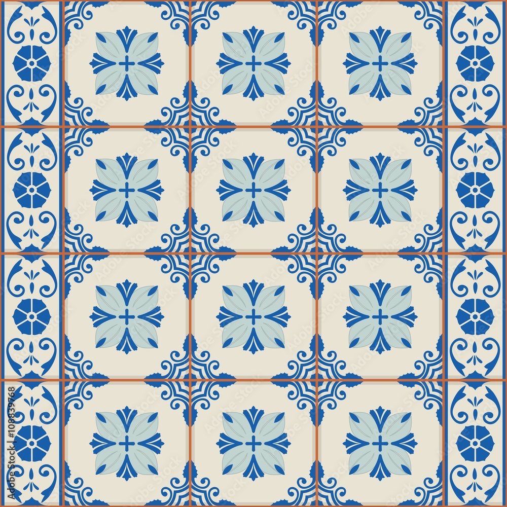 Vintage seamless  pattern from grunge Moroccan, Portuguese, Azulejo tiles and border, retro ornaments.  Template for interior design