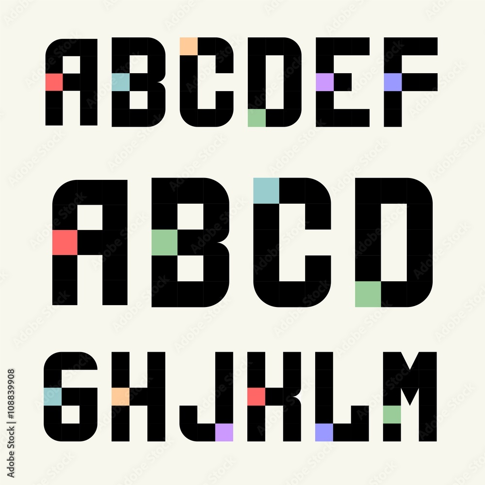 Set 1 Templates capital letters of black blocks with color inserts. Pixel Alphabet. For emblems, logos and monograms Set 1 Templates capital letters of black blocks with color inserts. Pixel Alphabet. For emblems, logos and monograms