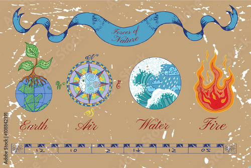 Colorful set with four natural elements and vintage banner