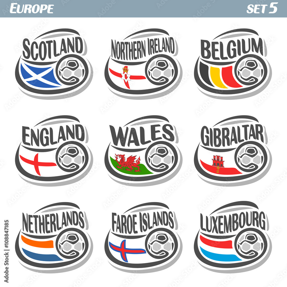 Vector logo for European football, soccer Scotland, Northern Ireland, Belgium, England, Wales, Gibraltar, Netherlands, Faroe Islands, Luxembourg, isolated: state flags, soccer balls. Championship Euro