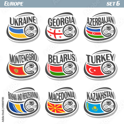 Vector logo for European football, soccer Ukraine, Georgia, Azerbaijan, Montenegro, Belarus, Turkey, Bosnia and Herzegovina, Macedonia, Kazakhstan, set state flags, soccer balls. Championship Euro
