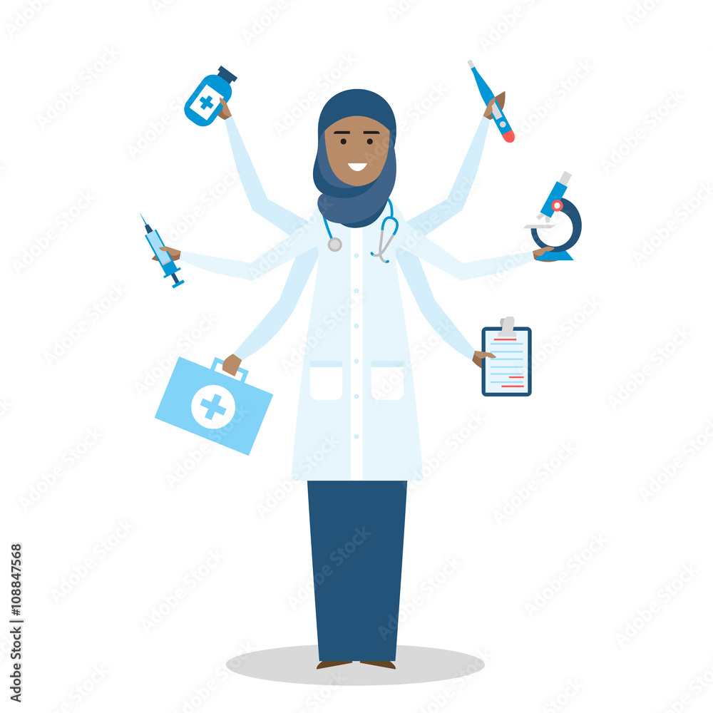Multitasking arabian female doctor with six hands standing on white background. Multitasking arabian female doctor with six hands standing on white background.
