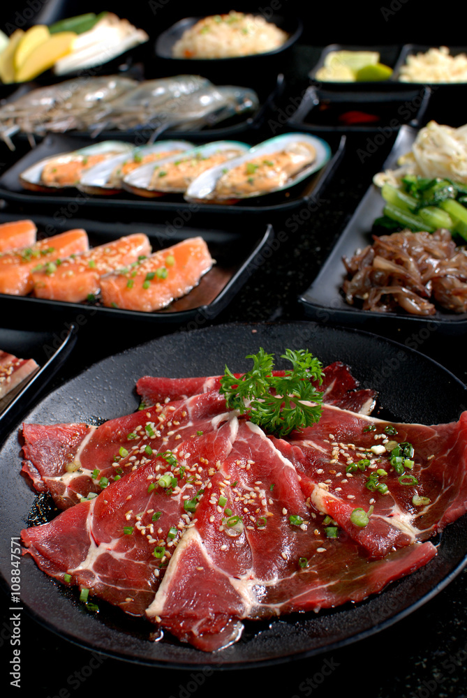 BBQ Fresh Beef pork slices, Seafoods and Vegetable, BBQ Dinner Set BBQ Fresh Beef pork slices, Seafoods and Vegetable, BBQ Dinner Set