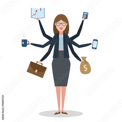 Multitasking woman with six hands standing on white background.