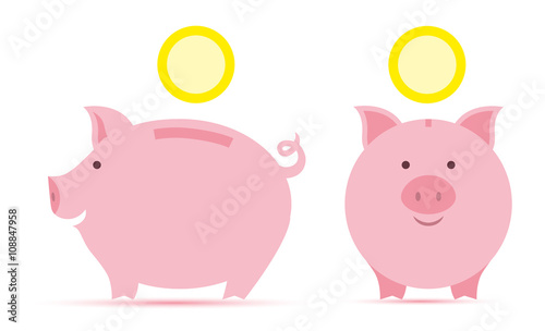 Pink piggy bank with falling golden coins in two perspectives.