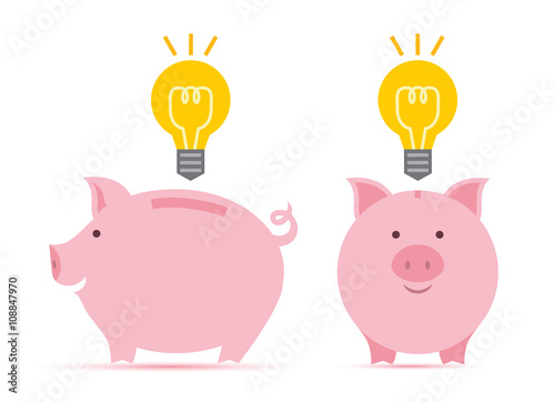 Pink piggy bank with idea bulb in two perspectives.