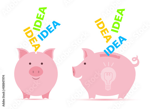 Pink piggy bank with idea in two perspectives.