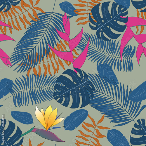 Seamless pattern with hand-drawn tropical leaves and plants © bell1982