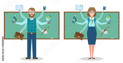 Multitasking man and woman with six hands.