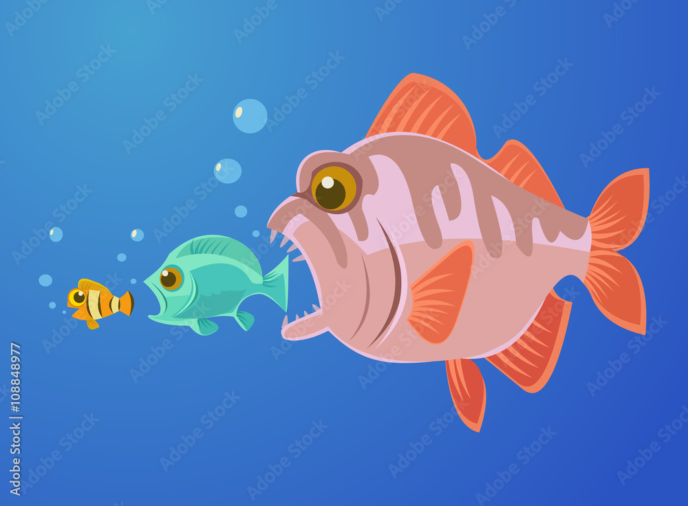 Big fish eat small fish. Vector flat cartoon illustration