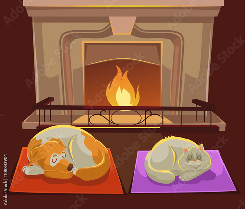 Cat and dog near fireplace. Vector flat cartoon illustration