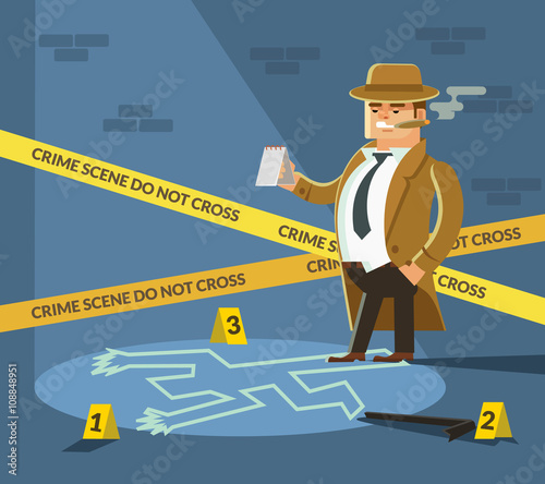 Detective at crime scene. Detective  in hat. Crime scene with dead body and detective. Detective smoking. Crime street. Vector flat cartoon illustration