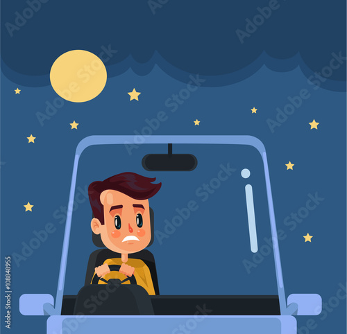 Driver at nights. Vector flat cartoon illustration