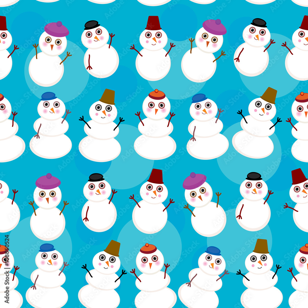 Seamless pattern cute cartoon snowmen on blue background for winter design. vector