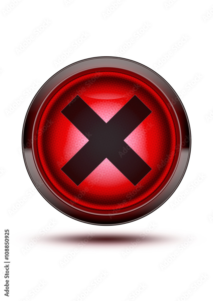 Bright red light button icon with chrome outer ring and black cr