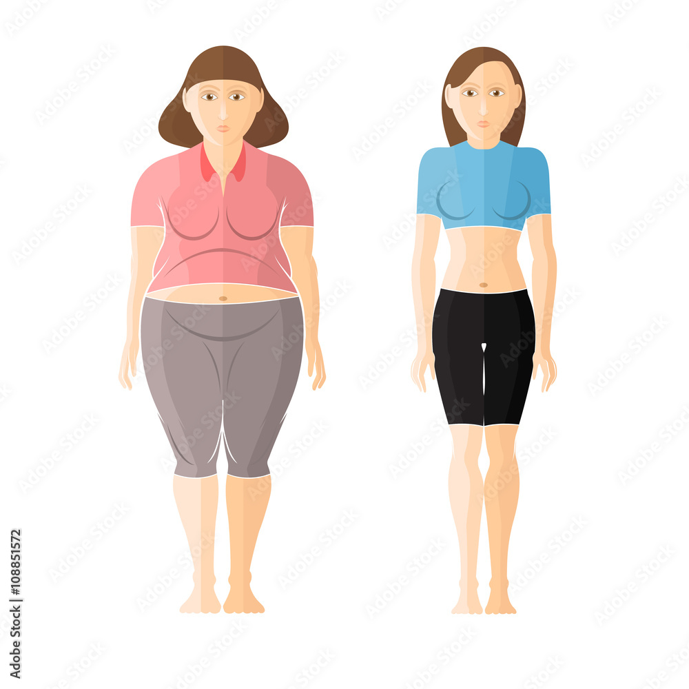 flat illustration. Slender and fat girls near isolated on white flat illustration. Slender and fat girls near isolated on white