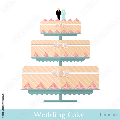 Flat icon three-tiered wedding cake on stand with bride and groom statuette top isolated on white