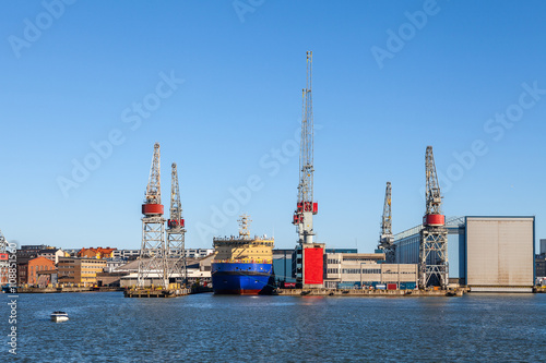Harbor cranes in sea port of Helsinki, Finland. 