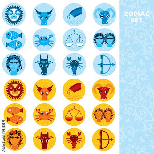 Two sets of Funny blue and orange zodiac sign icon astrological, vector